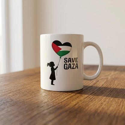 Save Gaza Girl with Palestine Heart Balloon White Ceramic Coffee Mug - Emotional Solidarity Graphic Drinkware Cup (11oz)