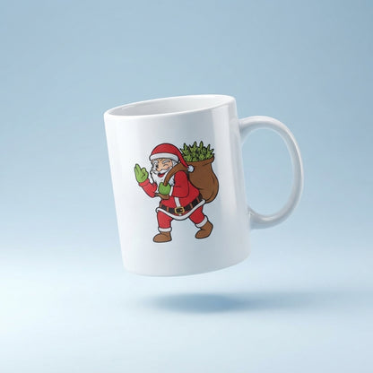 Funny Weed Santa Christmas Coffee Mug - Santa Claus Carrying Cannabis Bag White Ceramic Tea Cup - Holiday Stoner Gift