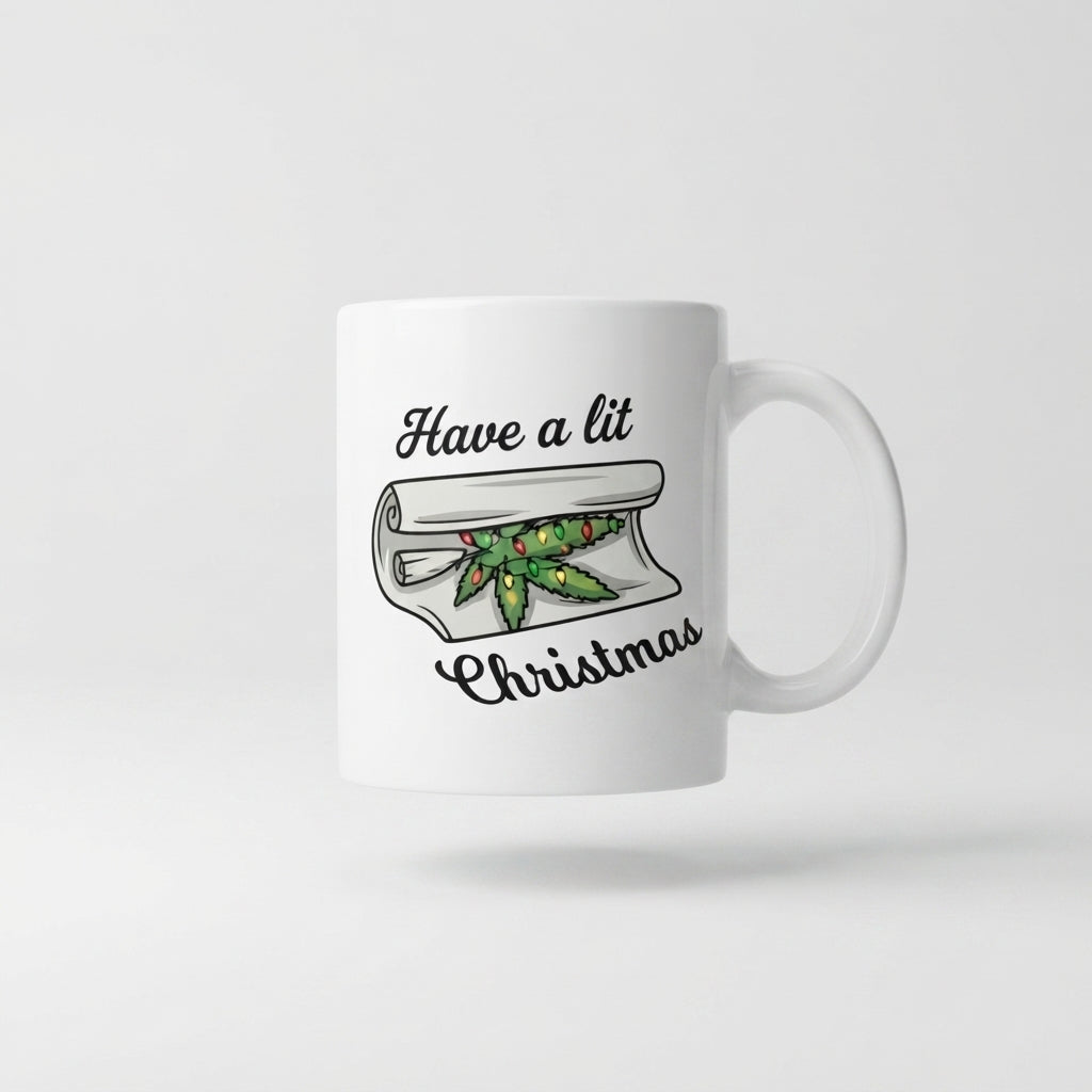 Funny Weed Christmas Coffee Mug - "Have A Lit Christmas" Cannabis Leaf White Ceramic Tea Cup - Holiday Stoner Gift
