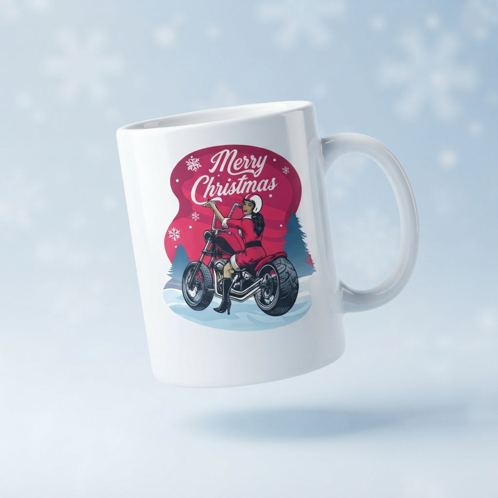 Biker Santa Christmas Coffee Mug - "Merry Christmas" Motorcycle Girl White Ceramic Tea Cup - Holiday Gift for Biker Lovers