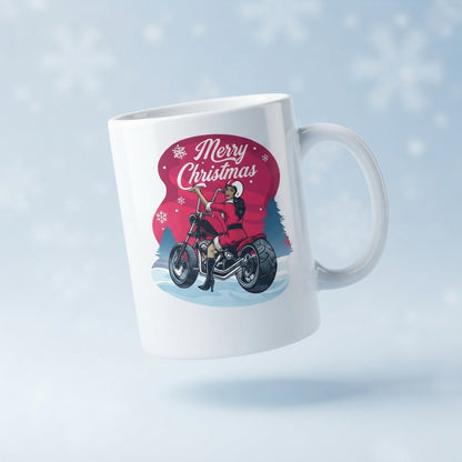Biker Santa Christmas Coffee Mug - "Merry Christmas" Motorcycle Girl White Ceramic Tea Cup - Holiday Gift for Biker Lovers