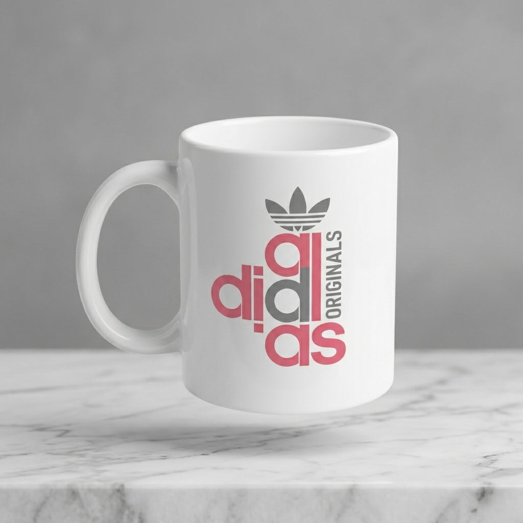 Adidas Inspired Stacked Originals Pink & Grey Typography White Ceramic Cup - Trendy Parody Coffee Cup (11oz)