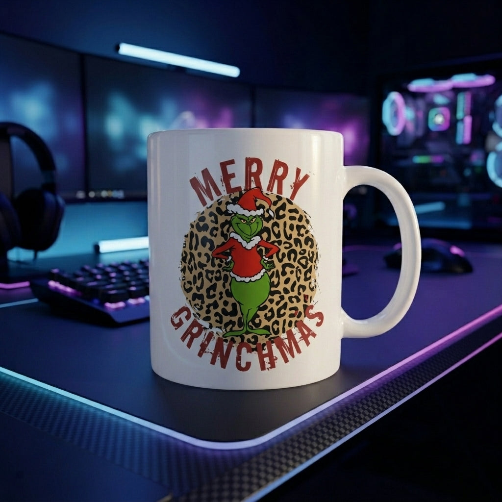 Funny "Merry Grinchmas" Christmas Coffee Mug 11oz - Leopard Print Santa Grinch White Ceramic Tea Cup - Festive Holiday Gift