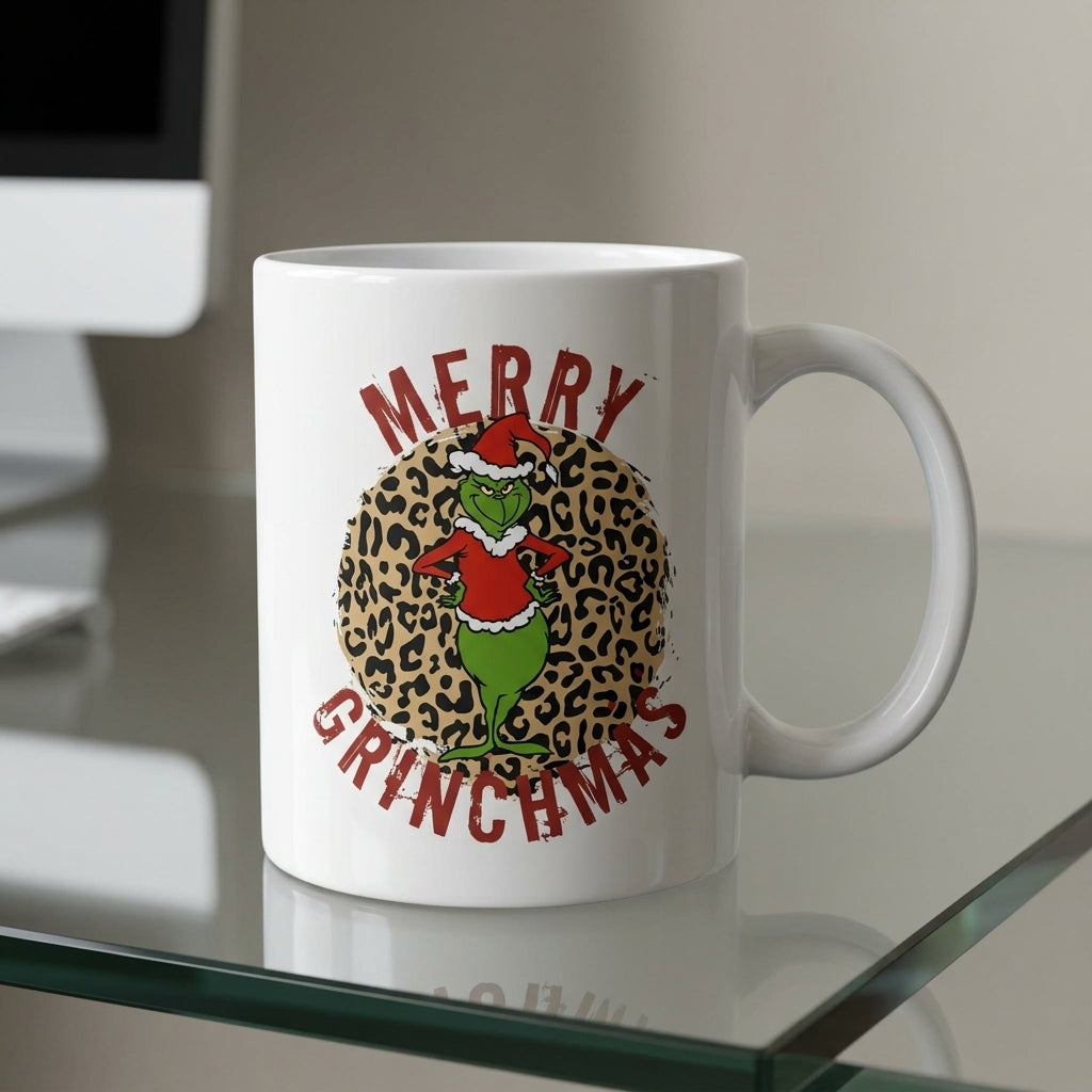 Funny "Merry Grinchmas" Christmas Coffee Mug 11oz - Leopard Print Santa Grinch White Ceramic Tea Cup - Festive Holiday Gift