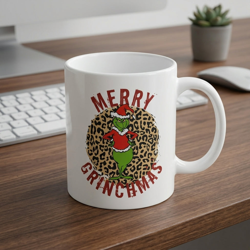 Funny "Merry Grinchmas" Christmas Coffee Mug 11oz - Leopard Print Santa Grinch White Ceramic Tea Cup - Festive Holiday Gift