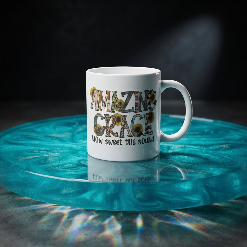 "Amazing Grace How Sweet The Sound" Sunflower Christian Coffee Mug 11oz - White Ceramic Tea Cup