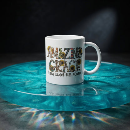 "Amazing Grace How Sweet The Sound" Sunflower Christian Coffee Mug 11oz - White Ceramic Tea Cup