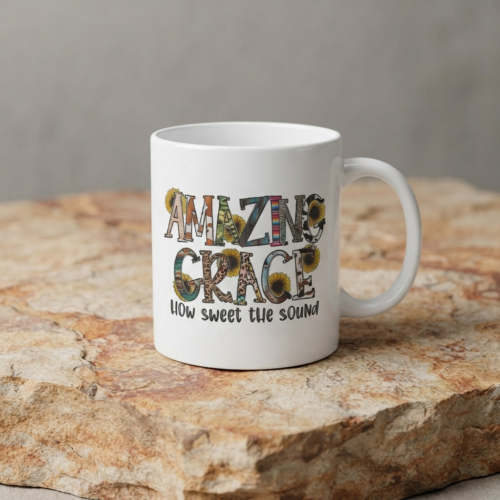 "Amazing Grace How Sweet The Sound" Sunflower Christian Coffee Mug 11oz - White Ceramic Tea Cup