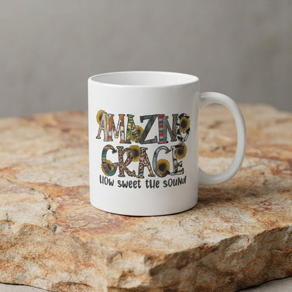 "Amazing Grace How Sweet The Sound" Sunflower Christian Coffee Mug 11oz - White Ceramic Tea Cup