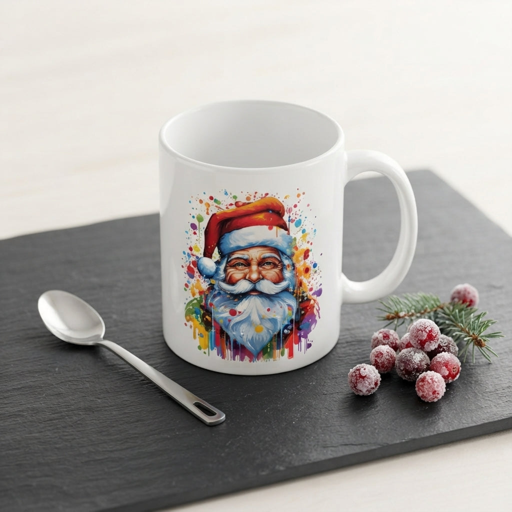 Colorful Santa Claus Christmas Coffee Mug - Rainbow Watercolor Paint Splash Ceramic White Tea Cup - Artistic Holiday Gift