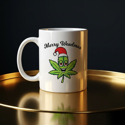 Funny "Merry Weedmas" Leaf Christmas Coffee Mug 11oz - White Ceramic Tea Cup
