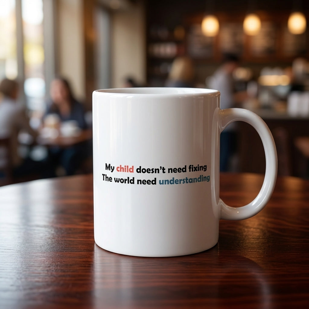 My Child Doesn't Need Fixing Ceramic Coffee Mug – Autism Awareness Quote Tea Cup & Meaningful Parent Gift