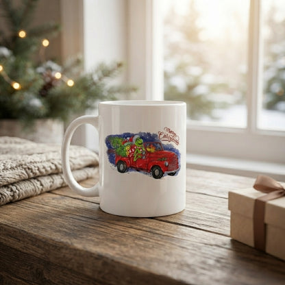 Grinch Christmas Vintage Red Truck Coffee Mug 11oz - "Merry Christmas" White Ceramic Tea Cup - Holiday Gift for Grinch Lovers