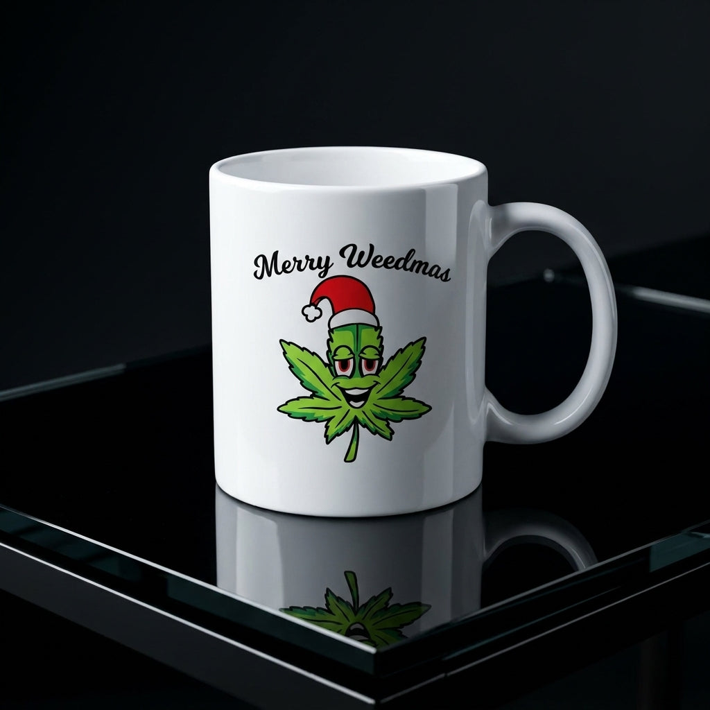 Funny "Merry Weedmas" Leaf Christmas Coffee Mug 11oz - White Ceramic Tea Cup