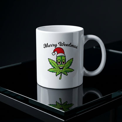 Funny "Merry Weedmas" Leaf Christmas Coffee Mug 11oz - White Ceramic Tea Cup