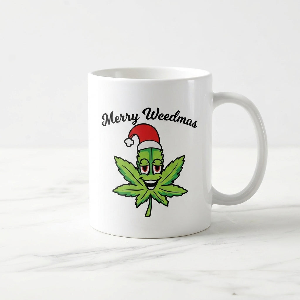 Funny "Merry Weedmas" Leaf Christmas Coffee Mug 11oz - White Ceramic Tea Cup