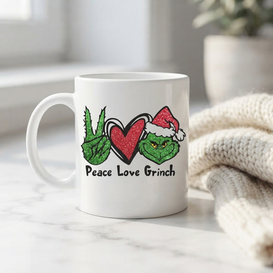 Peace Love Grinch Christmas Coffee Mug 11oz - Funny Holiday Green Hand & Heart White Ceramic Tea Cup - Festive Christmas Gift