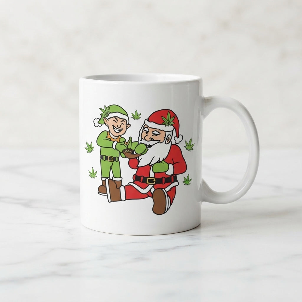 Funny Weed Santa & Elf Christmas Coffee Mug 11oz - Cannabis Leaf White Ceramic Tea Cup - Holiday Stoner Gift
