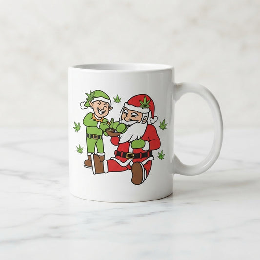 Funny Weed Santa & Elf Christmas Coffee Mug 11oz - Cannabis Leaf White Ceramic Tea Cup - Holiday Stoner Gift