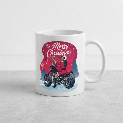 Biker Santa Christmas Coffee Mug - "Merry Christmas" Motorcycle Girl White Ceramic Tea Cup - Holiday Gift for Biker Lovers