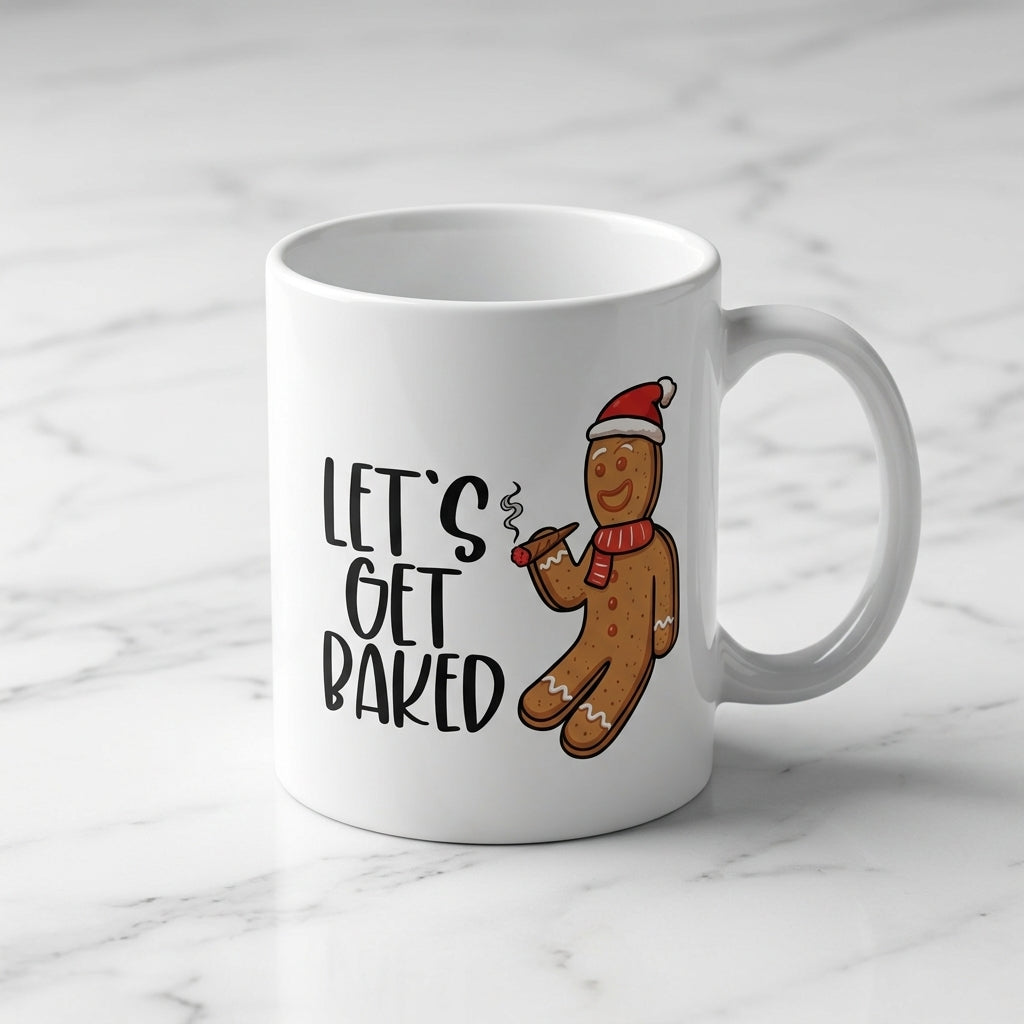 Funny "Let's Get Baked" Gingerbread Man Christmas Coffee Mug 11oz - White Ceramic Tea Cup