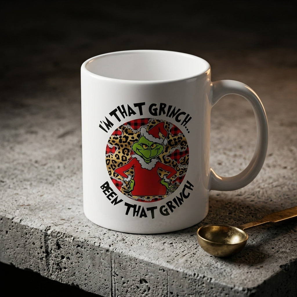 Funny "I'm That Grinch Been That Grinch" Leopard Pattern Christmas Coffee Mug 11oz - White Ceramic Tea Cup