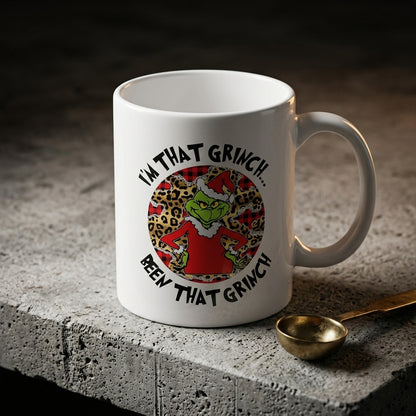 Funny "I'm That Grinch Been That Grinch" Leopard Pattern Christmas Coffee Mug 11oz - White Ceramic Tea Cup