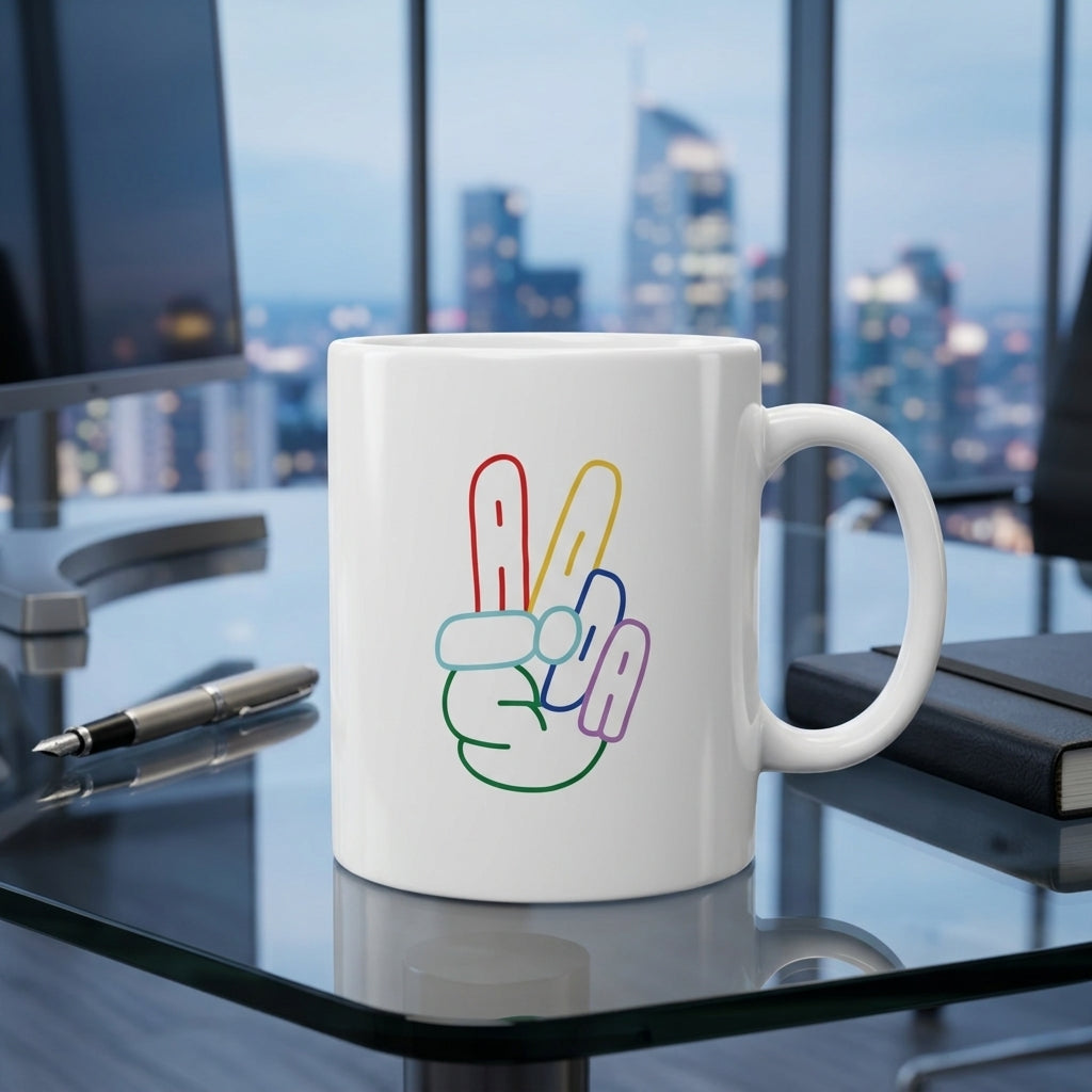 F-Caw-F Victory Peace Sign Graphic Premium White Ceramic Coffee Mug - Colorful Hand Gesture Art Tea Cup (11oz)