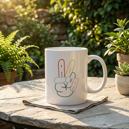 F-Caw-F Victory Peace Sign Graphic Premium White Ceramic Coffee Mug - Colorful Hand Gesture Art Tea Cup (11oz)