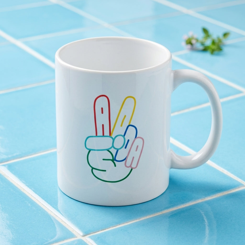 F-Caw-F Victory Peace Sign Graphic Premium White Ceramic Coffee Mug - Colorful Hand Gesture Art Tea Cup (11oz)
