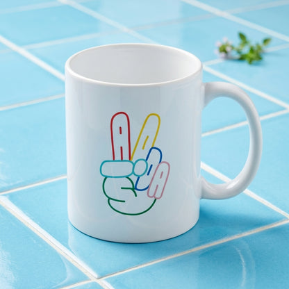 F-Caw-F Victory Peace Sign Graphic Premium White Ceramic Coffee Mug - Colorful Hand Gesture Art Tea Cup (11oz)