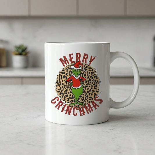 Funny "Merry Grinchmas" Christmas Coffee Mug 11oz - Leopard Print Santa Grinch White Ceramic Tea Cup - Festive Holiday Gift