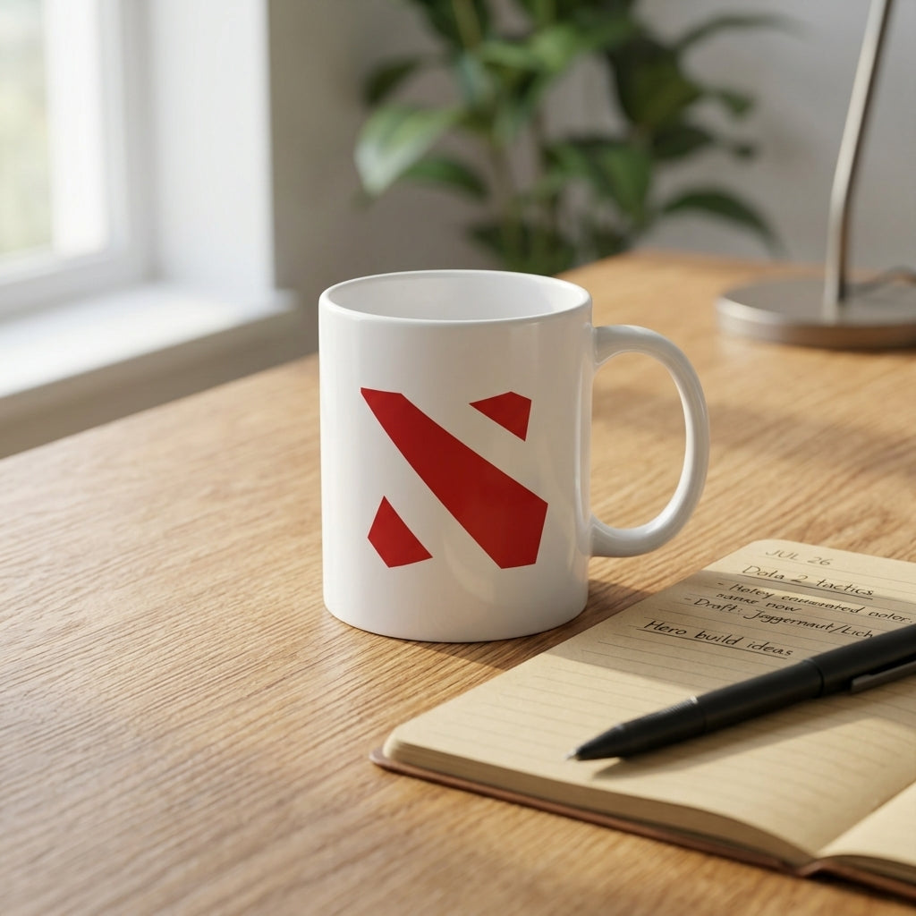Minimalist Dota 2 Red Emblem Ceramic Coffee Mug 11oz Premium White Iconic Gaming Cup Gift for Gamers