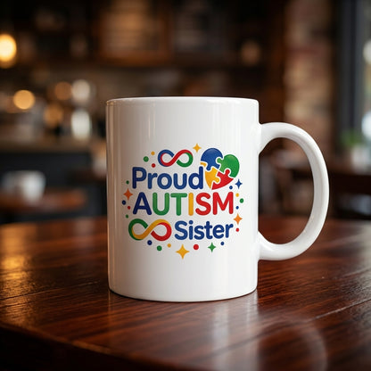 Proud Autism Sister Ceramic Coffee Mug – Colorful Neurodiversity Support Tea Cup & Meaningful Gift for Sister