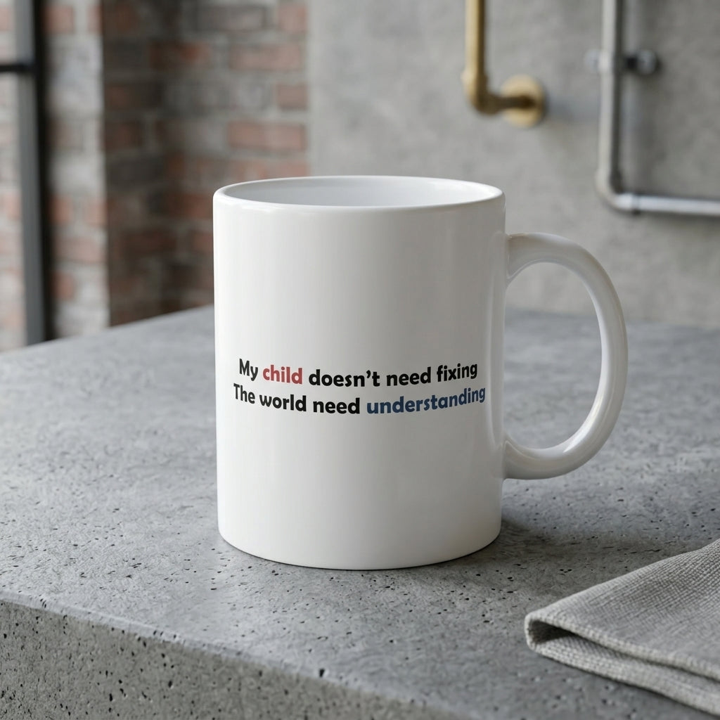 My Child Doesn't Need Fixing Ceramic Coffee Mug – Autism Awareness Quote Tea Cup & Meaningful Parent Gift