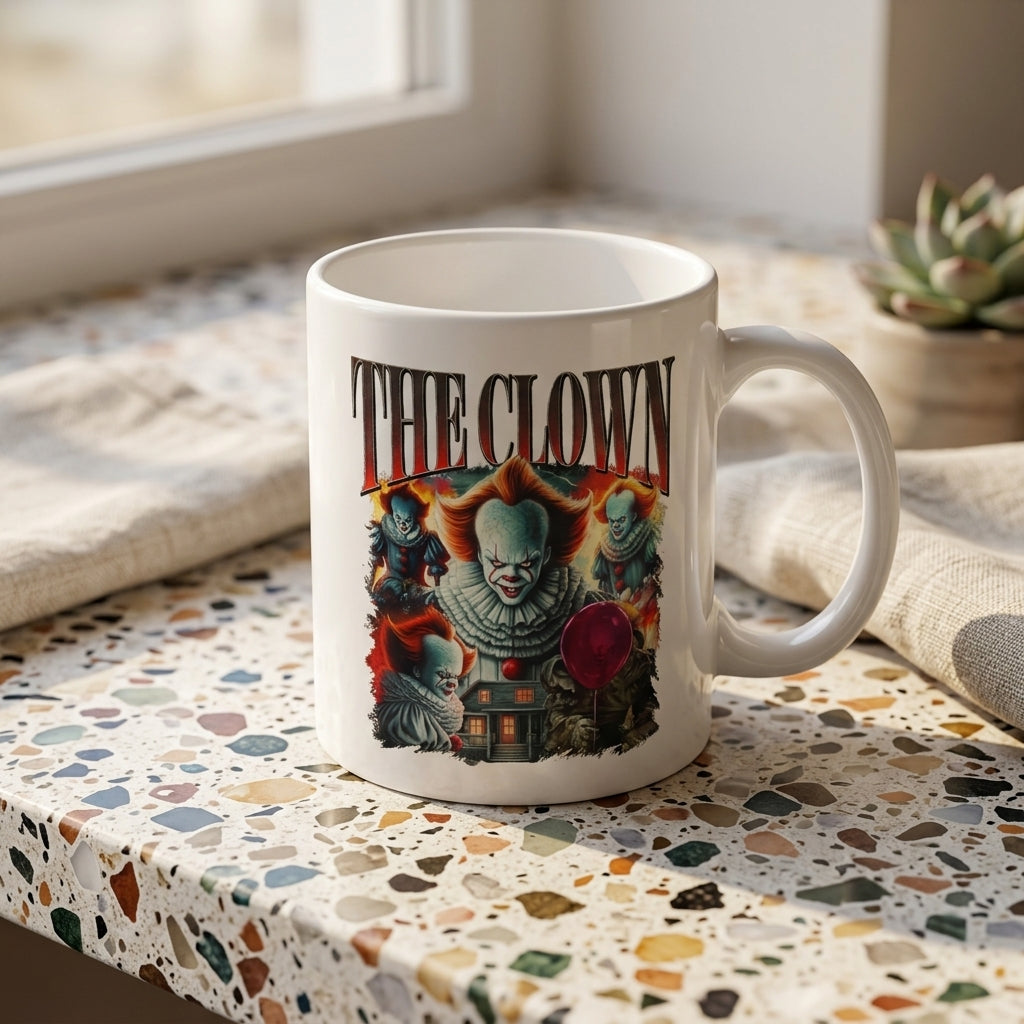 Pennywise The Clown Vintage Horror Movie Collage White Ceramic Mug - Spooky Halloween IT Chapter Coffee Cup (11oz)
