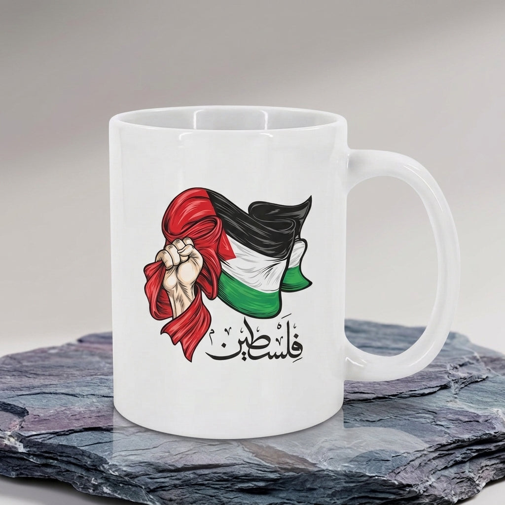 Palestinian Flag Raised Fist Art with Arabic Calligraphy White Ceramic Coffee Mug - Meaningful Solidarity Graphic Drinkware Cup (11oz)