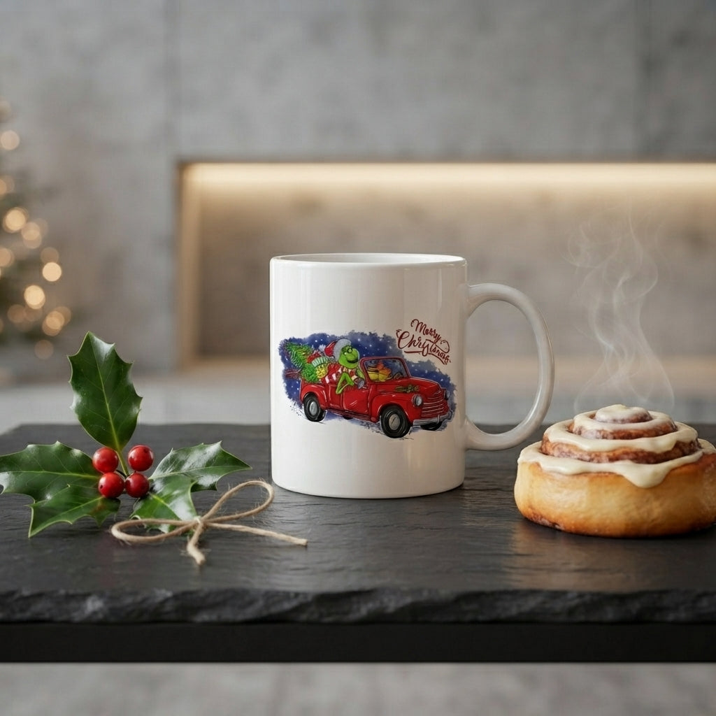 Grinch Christmas Vintage Red Truck Coffee Mug 11oz - "Merry Christmas" White Ceramic Tea Cup - Holiday Gift for Grinch Lovers