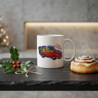 Grinch Christmas Vintage Red Truck Coffee Mug 11oz - "Merry Christmas" White Ceramic Tea Cup - Holiday Gift for Grinch Lovers