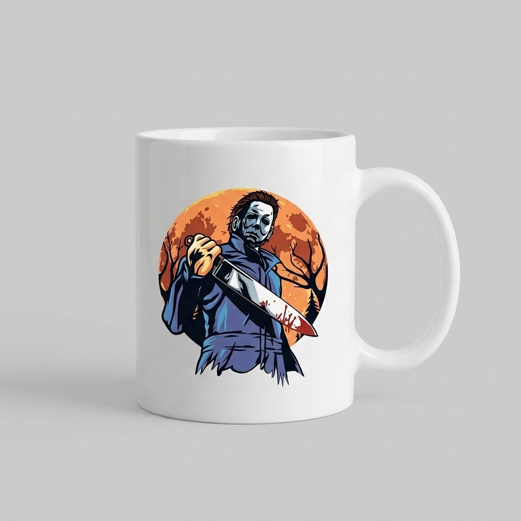 Michael Myers Bloody Knife Full Moon Halloween Graphic White Ceramic Mug - Spooky Slasher Horror Coffee Cup (11oz)