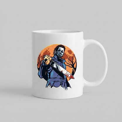 Michael Myers Bloody Knife Full Moon Halloween Graphic White Ceramic Mug - Spooky Slasher Horror Coffee Cup (11oz)