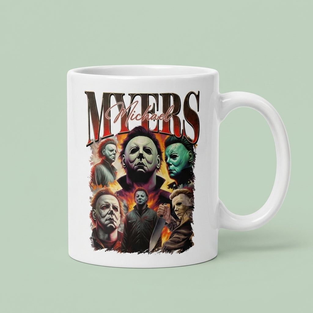 Michael Myers Vintage Bootleg Rap-Style Horror Collage White Ceramic Mug - Spooky Slasher Halloween Coffee Cup (11oz)