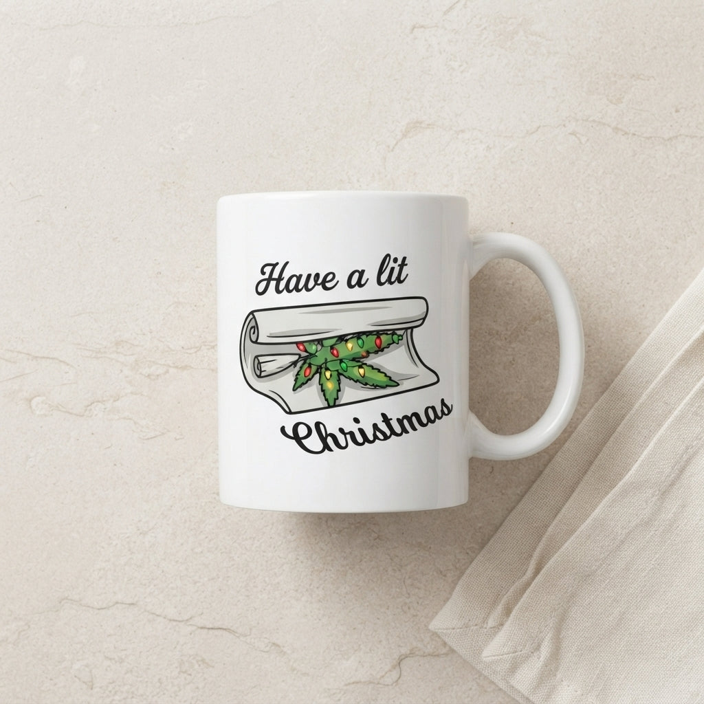 Funny Weed Christmas Coffee Mug - "Have A Lit Christmas" Cannabis Leaf White Ceramic Tea Cup - Holiday Stoner Gift