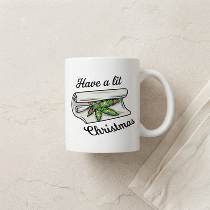 Funny Weed Christmas Coffee Mug - "Have A Lit Christmas" Cannabis Leaf White Ceramic Tea Cup - Holiday Stoner Gift