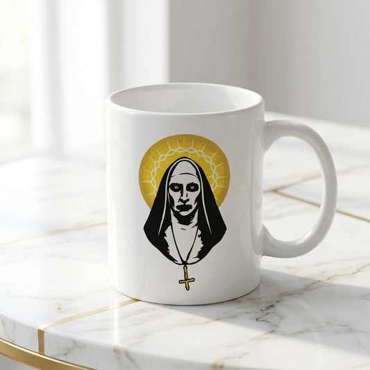 The Nun Valak Spooky Golden Halo Graphic White Ceramic Mug - Creepy Conjuring Horror Movie Coffee Cup (11oz)