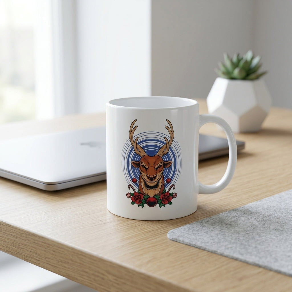 Majestic Reindeer Antlers Floral Christmas Coffee Mug 11oz - White Ceramic Tea Cup