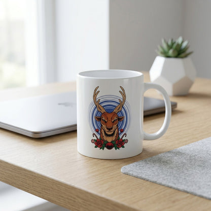 Majestic Reindeer Antlers Floral Christmas Coffee Mug 11oz - White Ceramic Tea Cup