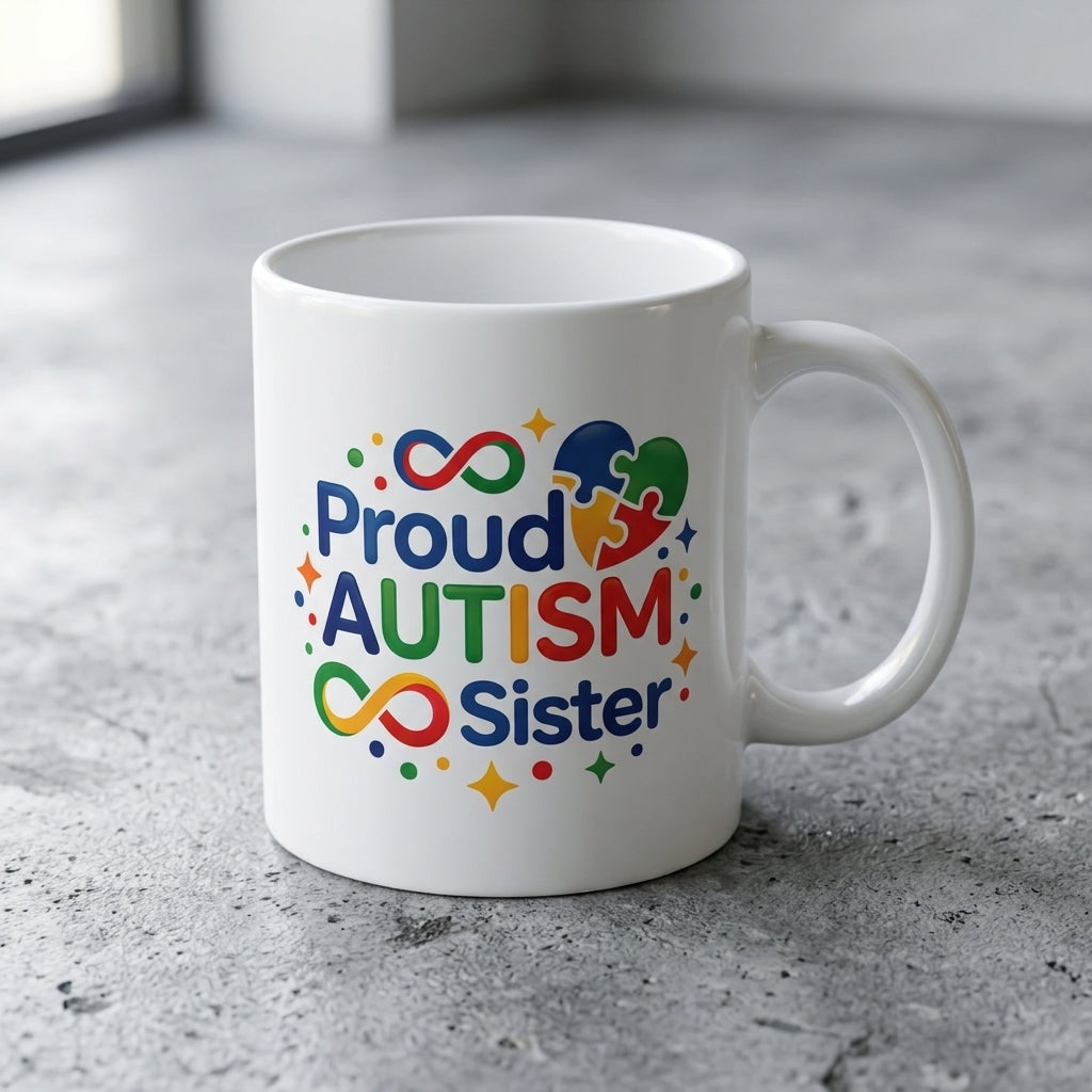Proud Autism Sister Ceramic Coffee Mug – Colorful Neurodiversity Support Tea Cup & Meaningful Gift for Sister