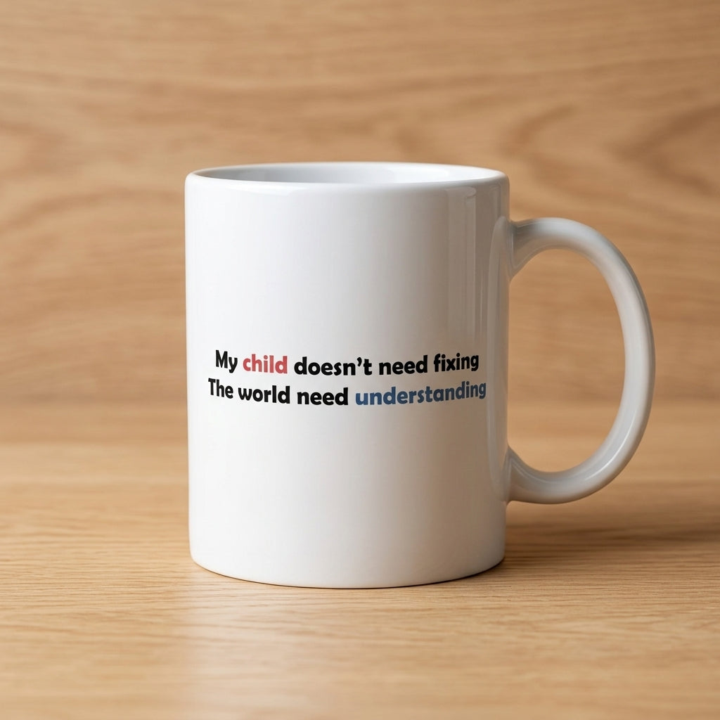 My Child Doesn't Need Fixing Ceramic Coffee Mug – Autism Awareness Quote Tea Cup & Meaningful Parent Gift