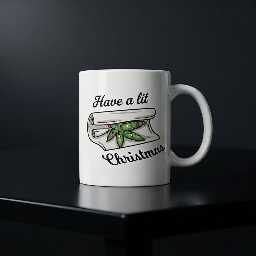 Funny Weed Christmas Coffee Mug - "Have A Lit Christmas" Cannabis Leaf White Ceramic Tea Cup - Holiday Stoner Gift